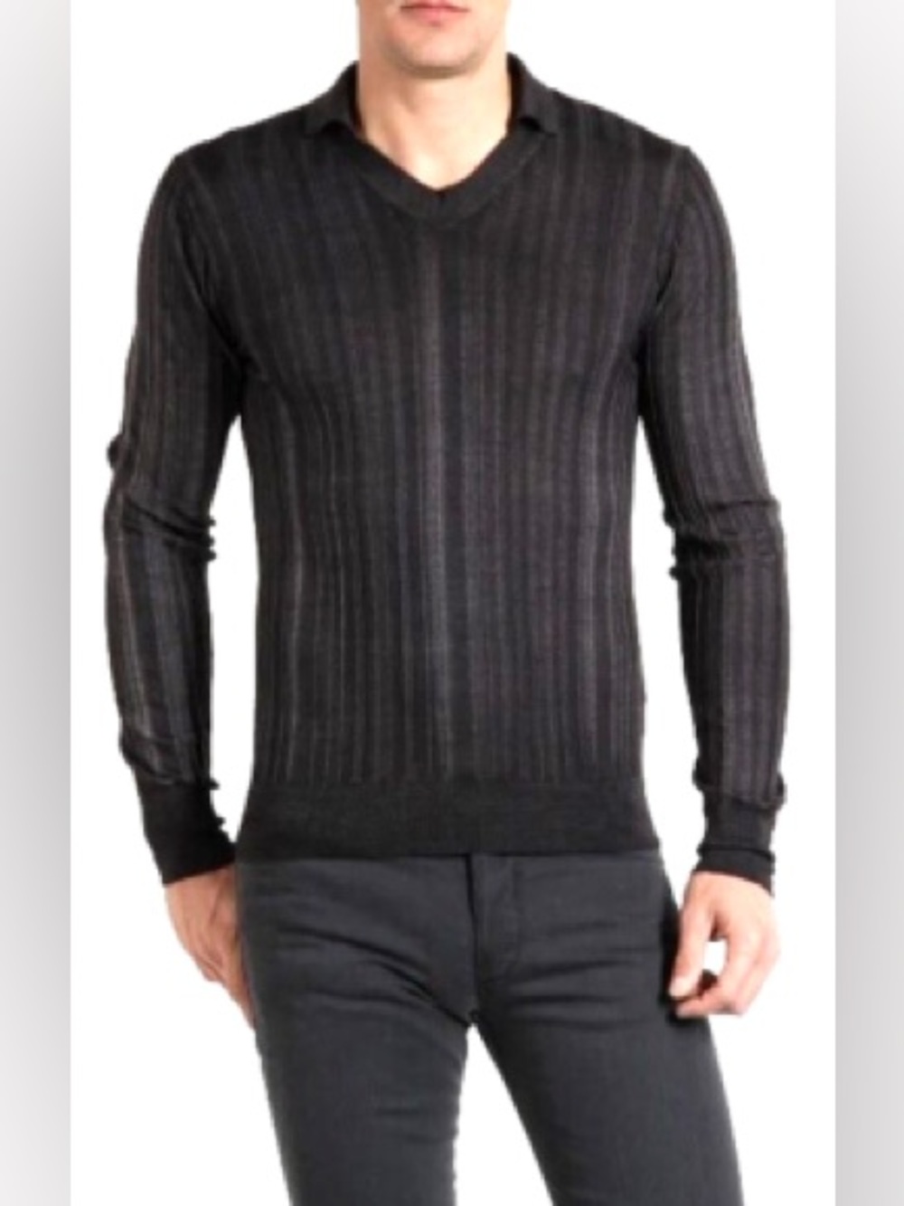 Diesel Black Gold Korichichi-LS Wool Ribbed V-Neck Polo M Charcoal Y2K